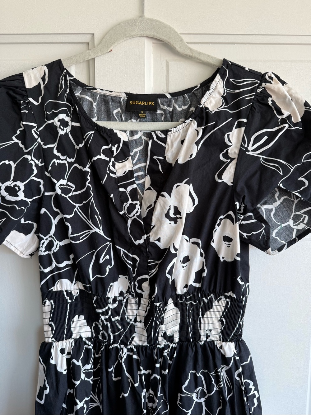 Baltic Born Black and White Floral Smocked Midi Dress
